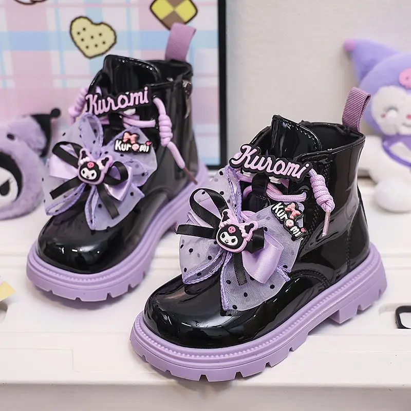Детские ботинки Kuromi Martin Kawaii, повседневные модные ботинки с героями мультфильмов для девочек и студентов, милые короткие сапоги с черным бантом, кожаные сапоги, осень