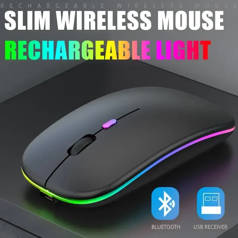 Фото Перезаряжаемая беспроводная мышь Bluetooth 2,4 ГГц USB RGB 1600DPI Мышь для MacBook планшета компьютера ноутбука ПК мыши №2