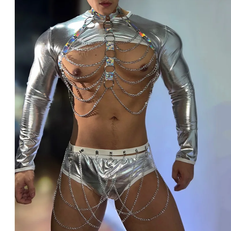 Бар, ночной клуб, мужской костюм Gogo Dancer Disco Pole Dance, серебряный лазерный нагрудный костюм с цепочкой, топы, шорты, комплект из 4 предметов, сексуальная одежда для сцены Rave