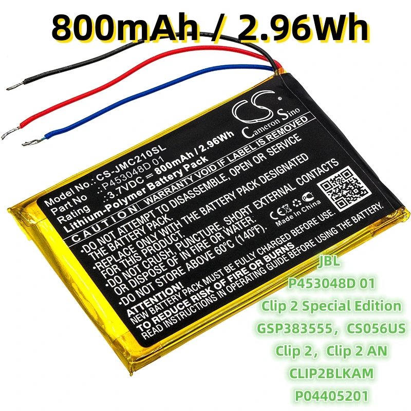 Сменный аккумулятор для JBL:P 453048 D 01,GSP 383555 ,Клип 2,CS056US,CLIP2BLKAM,P 04405201 ,Clip 2 AN,Clip 2 Special Edition, 800 мАч