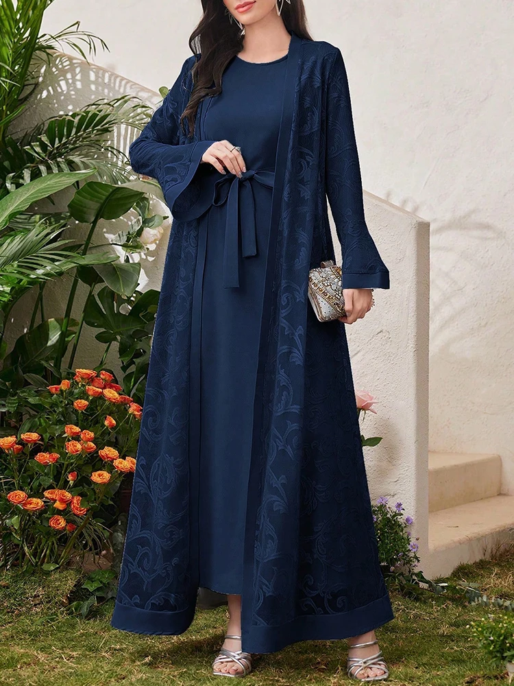 Фото Mia Muse Ramadan Essentials Женские мусульманские комплекты Скромные модные платья с расклешенными рукавами и открытой строчкой с круглым вырезом, миди-свинг, комплекты Абая №3