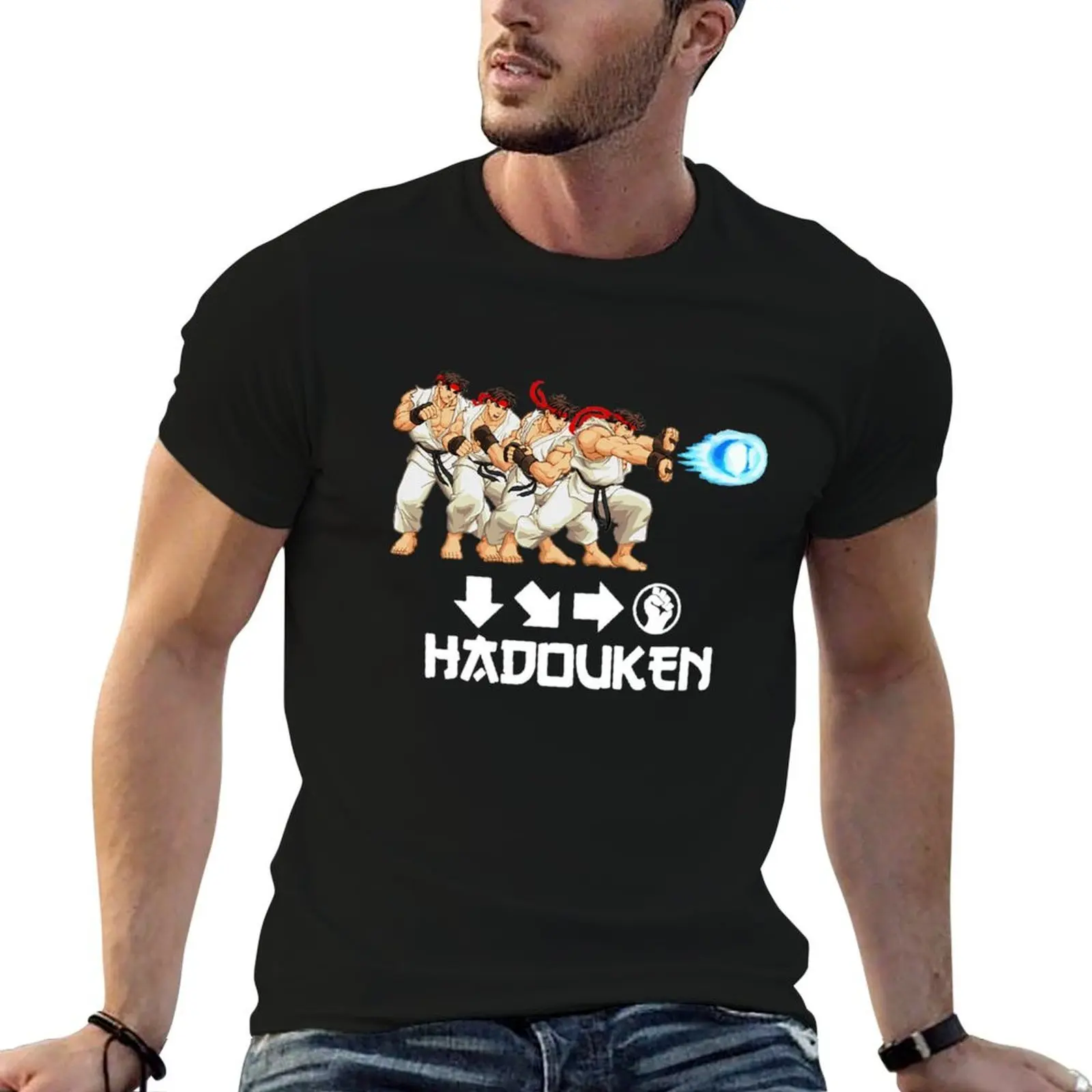 Футболка Hadouken, мужская футболка из хлопка, 100% футболки с аниме, футболка большого размера