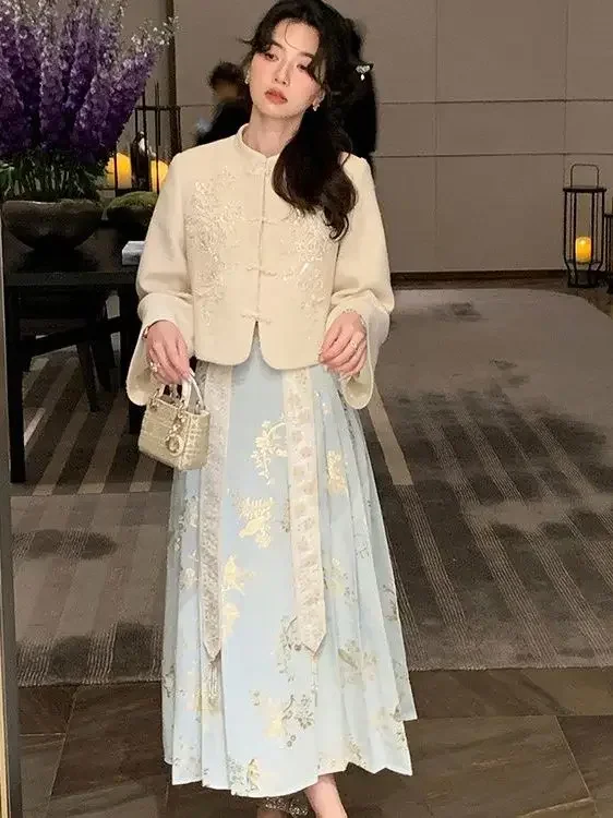 Платье Ming Hanfu, женское пальто с вышивкой для тяжелой промышленности, оригинальное тканое золотое платье для макияжа с цветком и конским лицом, зимнее платье Mamian