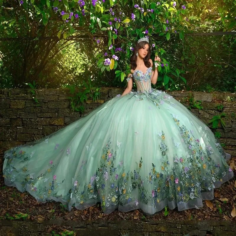 ANGELSBRIDEP 3D аппликация бабочки шалфей зеленое платье для Quinceanera бальное платье с бисером Tull корсет милый 16 Vestido De 15 лет на заказ