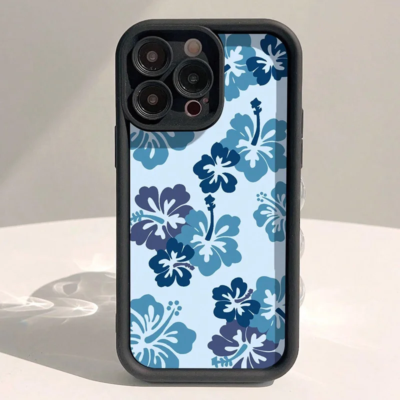 Чехол для iPhone 16 Pro Max 16E 15 14 13 12 11 XS X XR 7 8 Plus SE 2025 с синим рисунком гибискуса, мягкая задняя крышка с ручной росписью