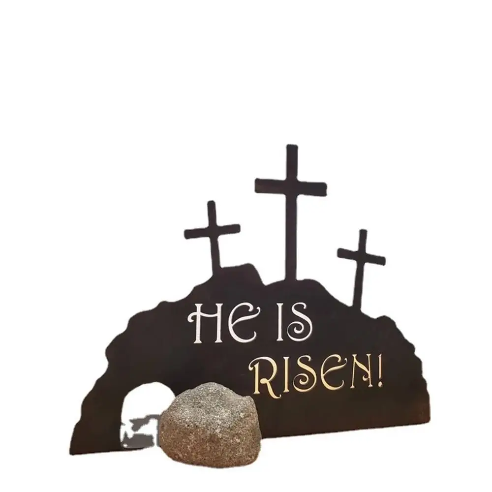 Фото Новый He is Risen, металлическая пустая гробница, пасхальная сцена, прочный черный цвет, крест, пасхальная сцена, Воскресение, декор для вечеринки №5