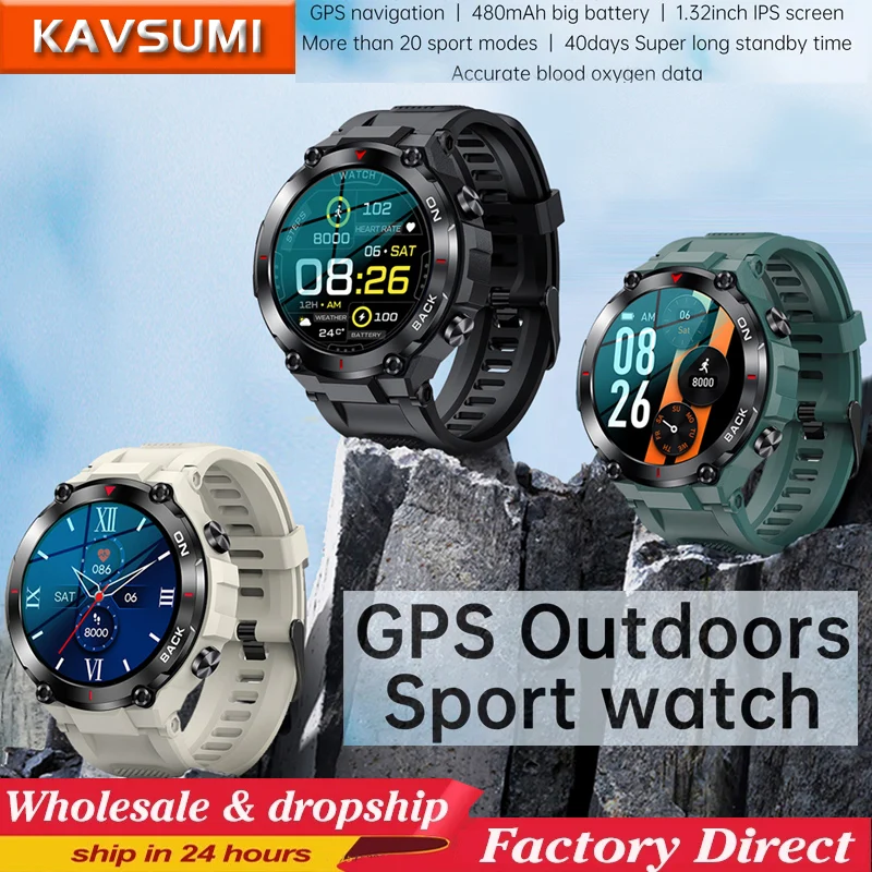 Мужские Смарт-часы K37 с GPS, 1,32 дюйма, 480 мАч