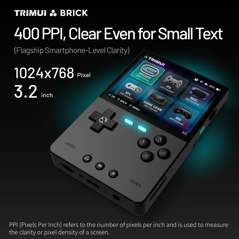 Фото Портативная игровая консоль TRIMUI BRICK, портативная игровая консоль в стиле ретро, система Linux, 3000 мАч, долговечный аккумулятор, светодиодный светильник, подарки для мальчиков №5