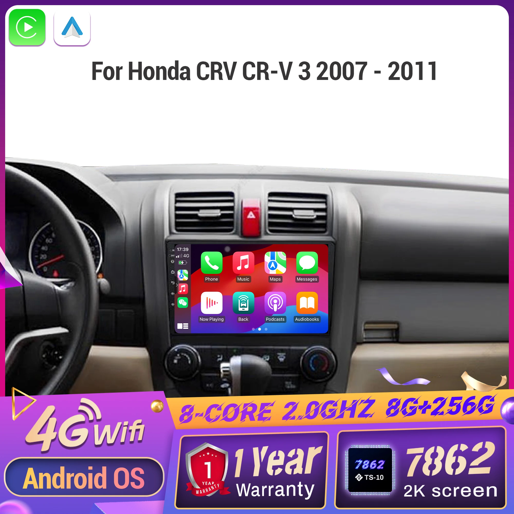 Для Honda CRV CR-V 3 2007-2011 Беспроводной BT CarPlay Android 14 Радио Автомобильный мультимедийный плеер Сенсорный экран 2K QLED Автоэлектроника