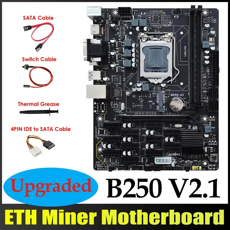 Материнская плата B250 ETH Miner 12xpcie + 4-контактный кабель IDE-SATA + кабель переключателя + термопаста B250 AI BTC материнская плата