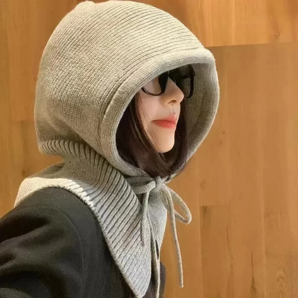 Фото Gorros de pasamontañas con capucha de punto Unisex para mujer, gorro con cordón más cálido, cuello de una pieza, Invierno №4