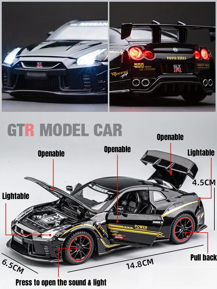 Фото 1/32 г., Nissan Skyline GTR R35, гоночный автомобиль, игрушка для детей, литые Миниатюрные модели дверей, открытые звуки, фотоколлекция №4