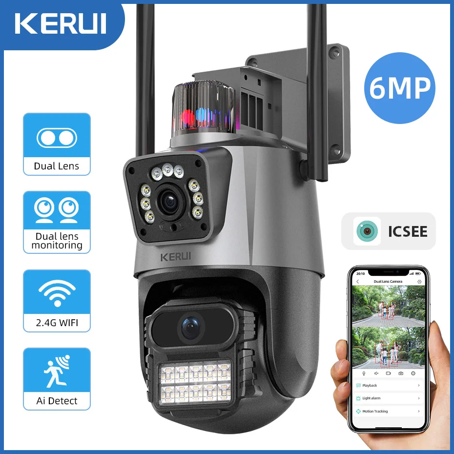 KERUI 4MP 2K Открытый двойной объектив PTZ Пуля Домашняя безопасность IP-камера Двойной экран Видео CCTV Наблюдение WiFi Камера iCSEE