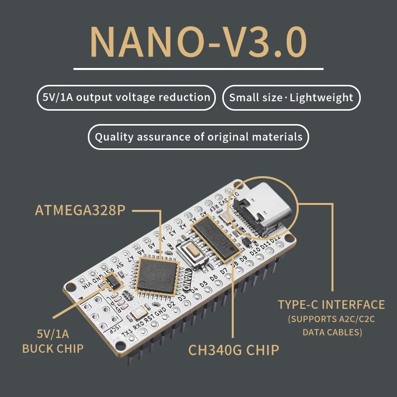 Плата разработки совместимая с Arduino Nano V3.0 CH340G, улучшенная плата Atmega328P, интерфейс Type-C