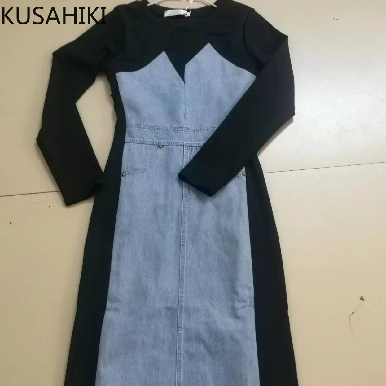 Винтажные шикарные джинсовые лоскутные платья kusхиты популярных цветов, женские джинсовые платья из денима с длинным рукавом и круглым вырезом, корейские джинсовые женские платья 2023