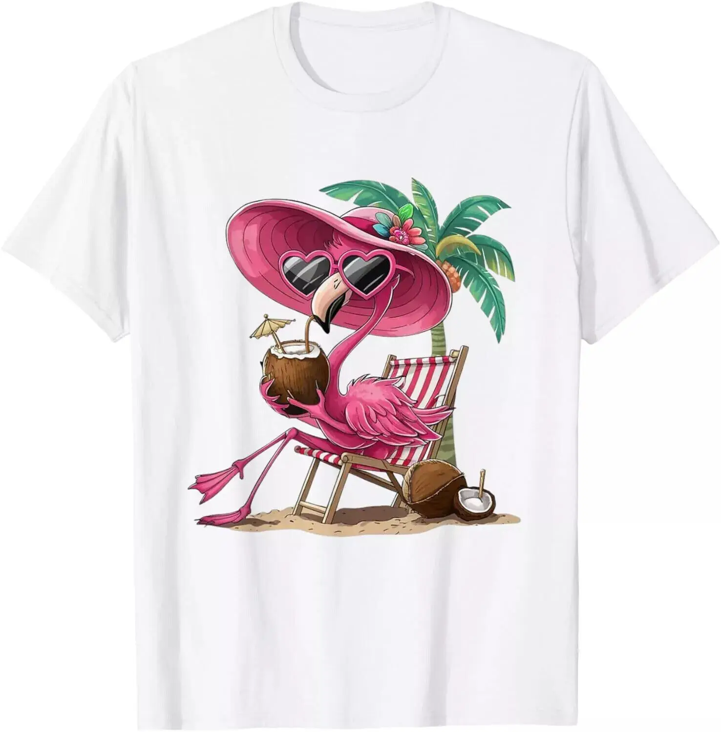Palm Flamingo Pink Beach Tree Summer Vacation T-Shirt.webp