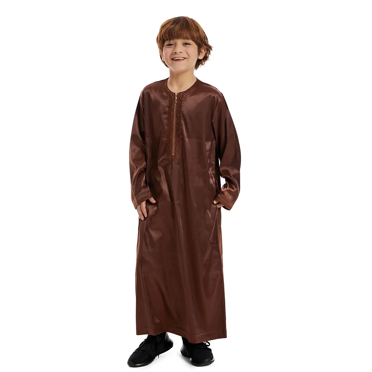 Фото 2025 Muslim Boys Kids Saudi Robe Thoub Jubba Thobe Arab Dress Zipper Islamic Clothing Maxi Gown Abaya Ramadan Thawb Middle East №5