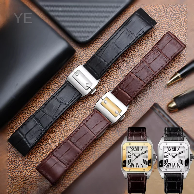 Для Cartier Santos Sandoz Series 24,5 23, 20 мм, водонепроницаемая подложка, твердая стальная пряжка, черный, коричневый ремешок для часов из воловьей кожи