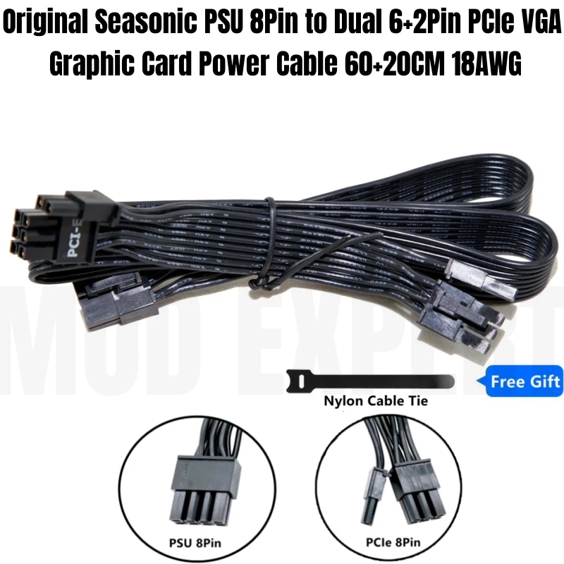 Оригинальный модульный силовой кабель SEASONIC с двойным 8-контактным разъемом 6 + 2-контактным PCIe VGA графическим процессором 18AWG для модульного блока питания PRIME, FOCUS, CORE, M12II EVO
