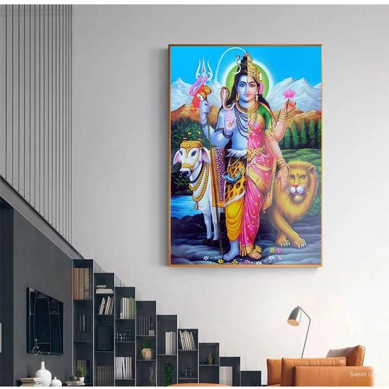 Фото Shiva Parvati Ganesha, индийское искусство, фигурка индуистского бога, Картина на холсте, религиозный постер и печать, Настенная картина для современ... №4