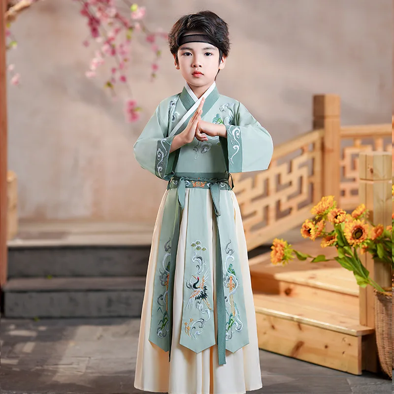 Фото Одежда Hanfu для мальчиков, комплект детской одежды, синий, красный, традиционный китайский костюм, сценический весенне-осенний улучшенный детский костюм Hanfu №4