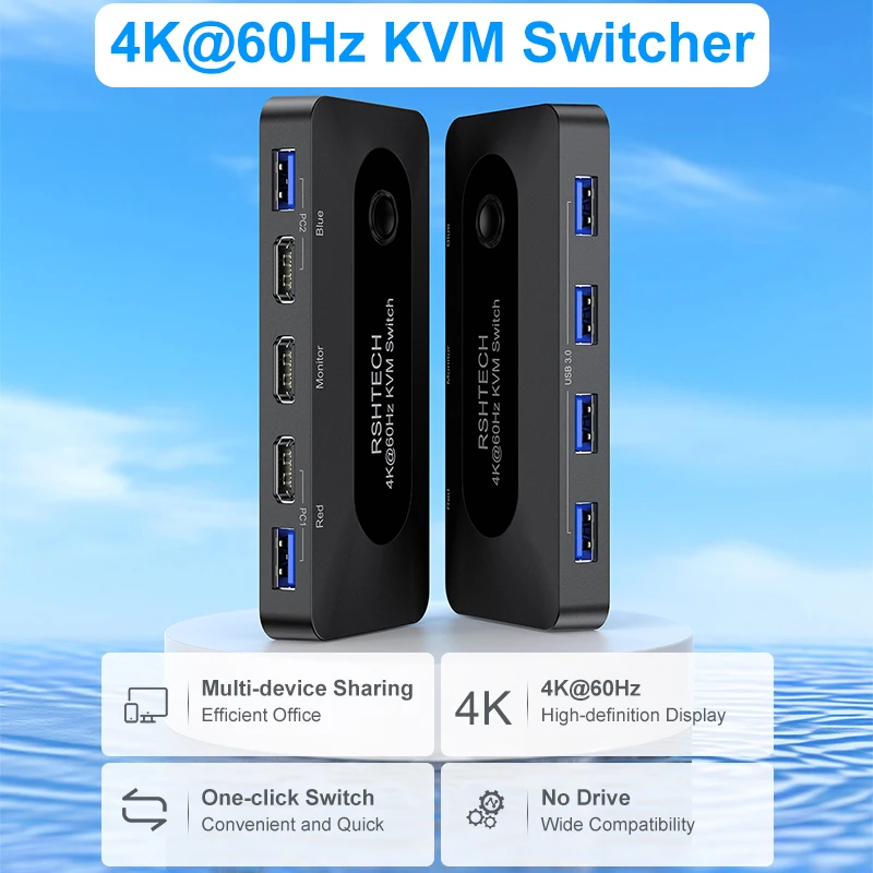 Переключатель квм RSHTECH HDMI 4K @ 60 Гц для 2 ПК ноутбука, клавиатуры, мыши, принтера и одного монитора HD, переключатель с одной кнопкой