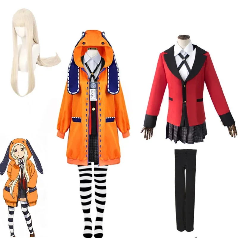 Kakegurui Jabami Yumeko Yomoduki Runa, карнавальный костюм для женщин на Хэллоуин, карнавальная праздничная одежда, пальто с париком, носки