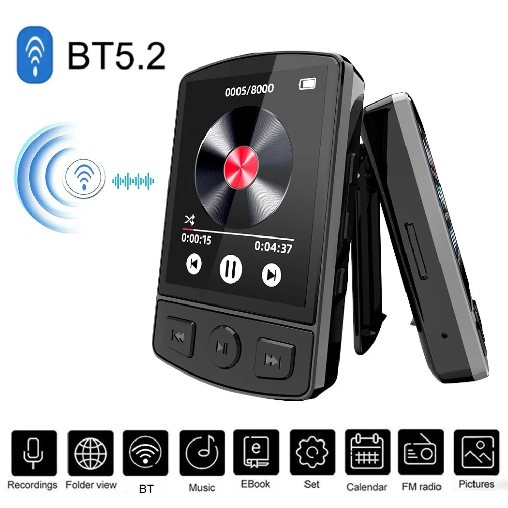 Mp3-плеер, музыкальный mp3-плеер, HiFi Звук, Bluetooth-совместимость, 5,2 мини-музыкальный плеер с кнопкой, экран 1,8 дюйма, с FM-радио, электронная книга