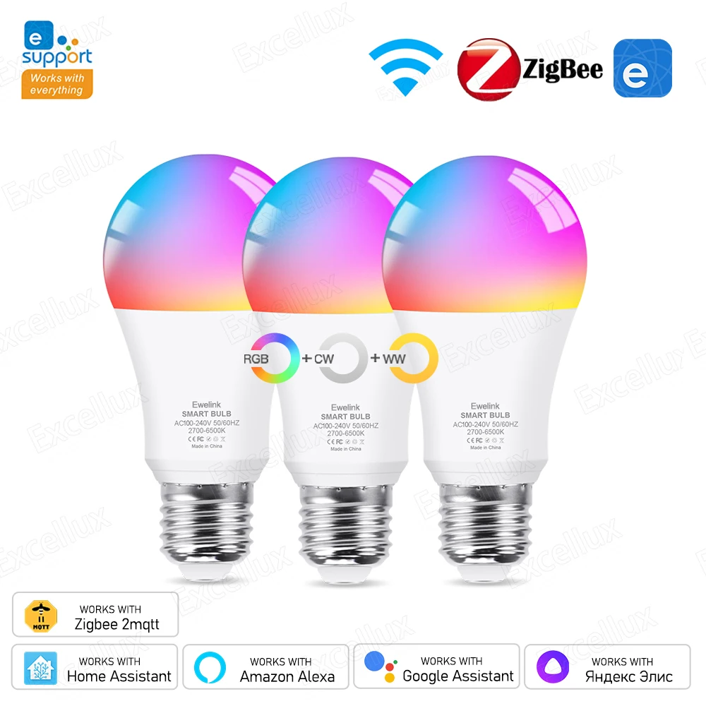 Светодиодные лампы EWelink E27 Zigbee, умная лампа с Wi-Fi, 15 Вт, RGB, CW, WW, работает с Alexa, Яндекс, Алиса, Google Assistant