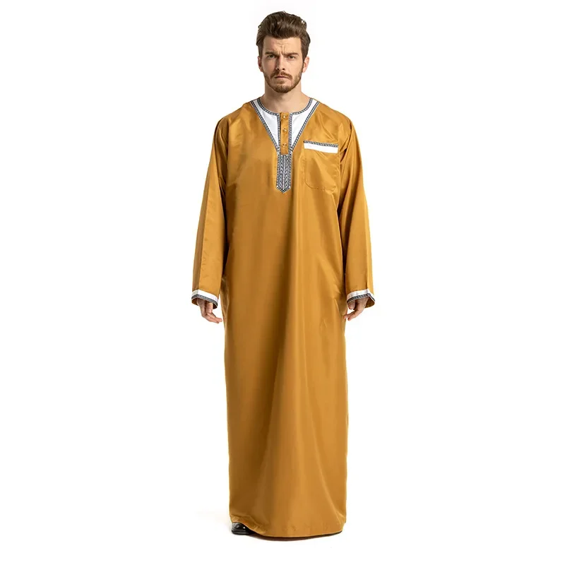 Мусульманская мужская одежда Abaya, Арабская и турецкая модная мусульманская, на Ближний Восток, в этническом стиле, с круглым вырезом и соединением