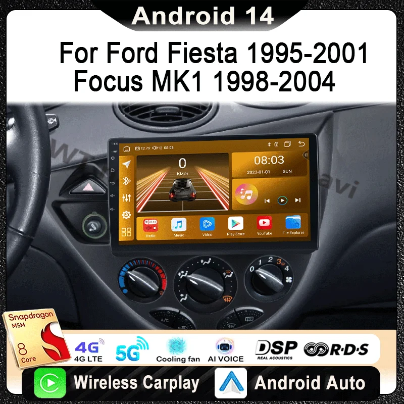 Автомобильный радиоприемник Android 15 для Ford Fiesta 1995-2001 Focus MK1 1998-2004 Мультимедийный видеоплеер Навигация Стерео GPS Carplay Auto
