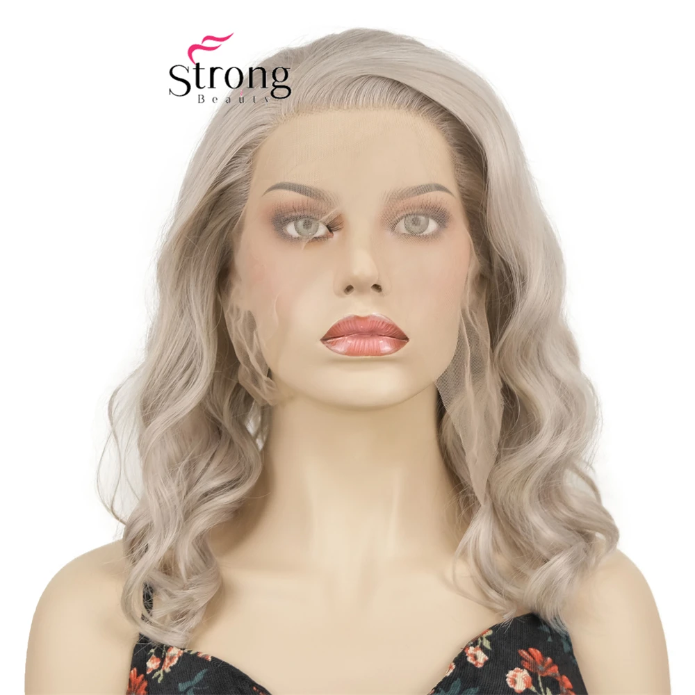 Strongbeauty Короткий парик фронта шнурка Пепельно-русый натуральный волнистый парик для женщин Бесплатная часть парика