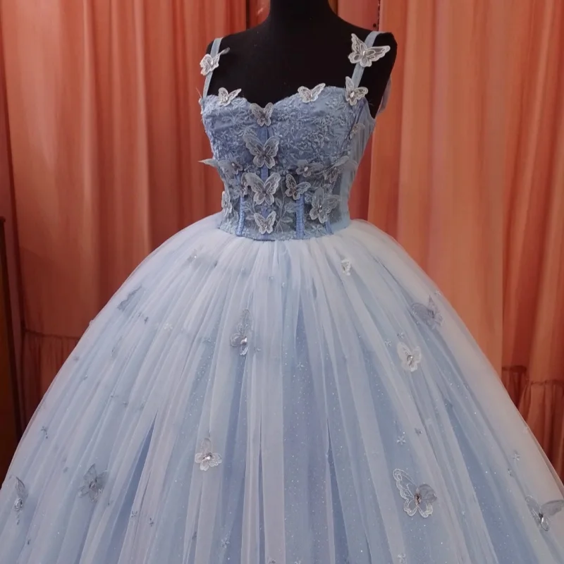 Простое голубое платье Quinceanera, кружевное платье с кристаллами и тюлевой бабочкой, платья de 15, Quinceanera ﻿ Индивидуальный Всё для свадеб и торжеств