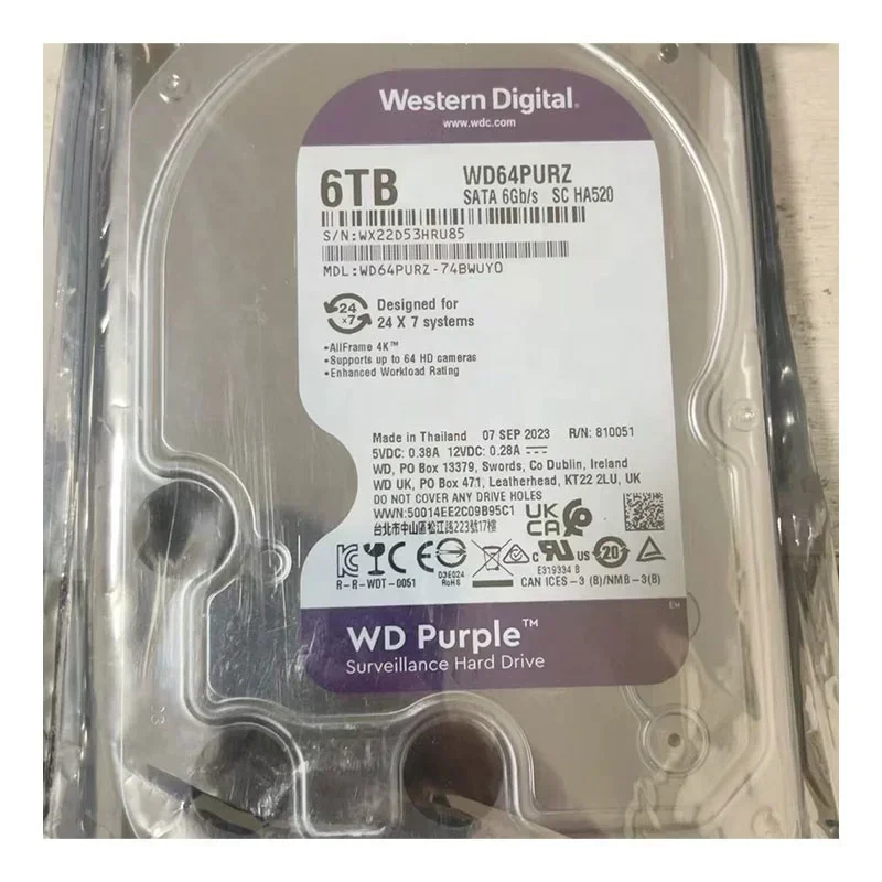 Оригинальный жесткий диск Western HDD 6 ТБ WD WD64PURZ фиолетовый жесткий диск уровня наблюдения 3,5-дюймовый порт SATA WD64PURZ