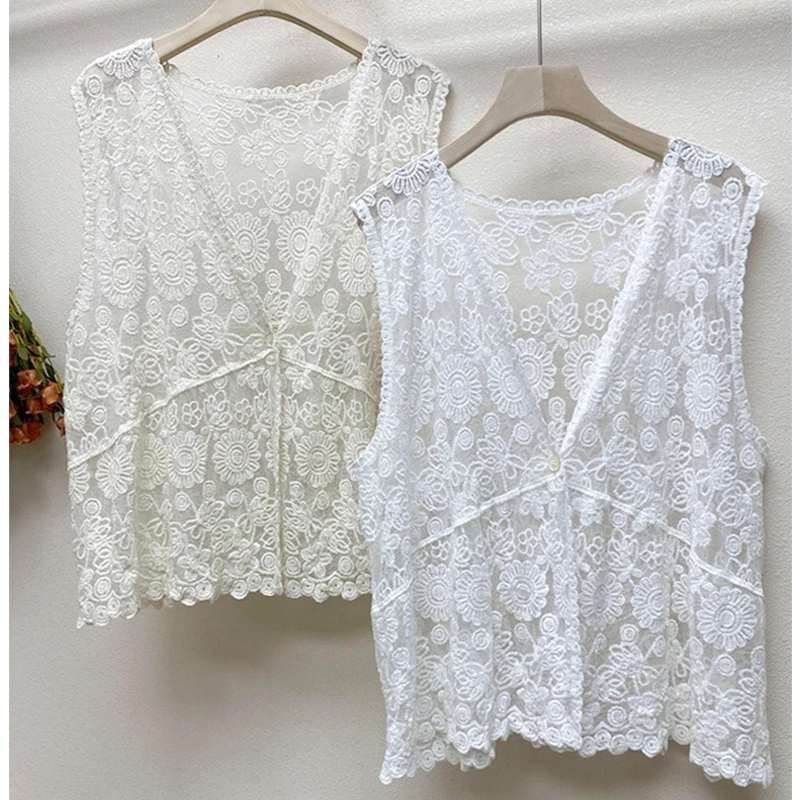 Фото Sweet Mori Girl Mesh Embroidery Lace Loose Waist Sleeveless Vest Vintage Elegant Chic Victorian Edwardian White Cover-ups Tops №4