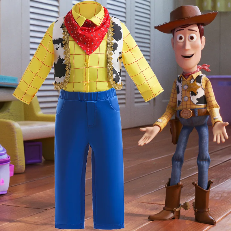 MINISO Toy Story Вуди Косплей Костюм для мальчиков контрастного цвета 3-х предметный костюм для выступлений наряд для ролевых игр праздничная одежда 3-8 лет
