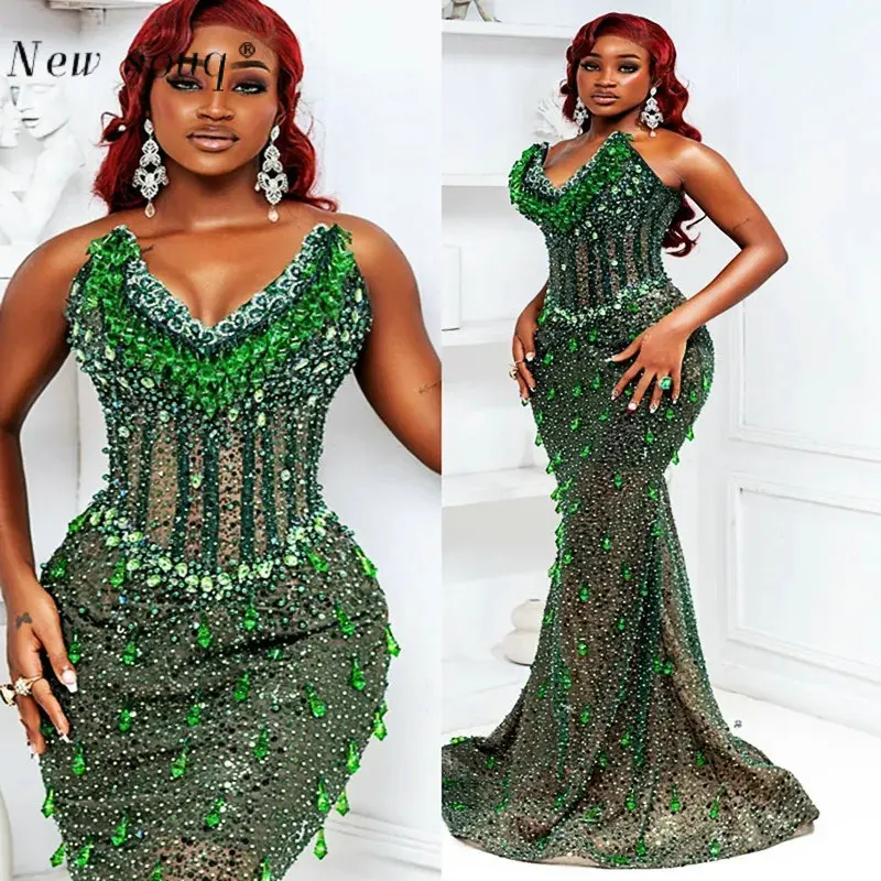 Afraican Aso Ebi Зеленый сексуальный V-образный вырез без рукавов длинный женский корсет с блестками юбка платья для черных девушек