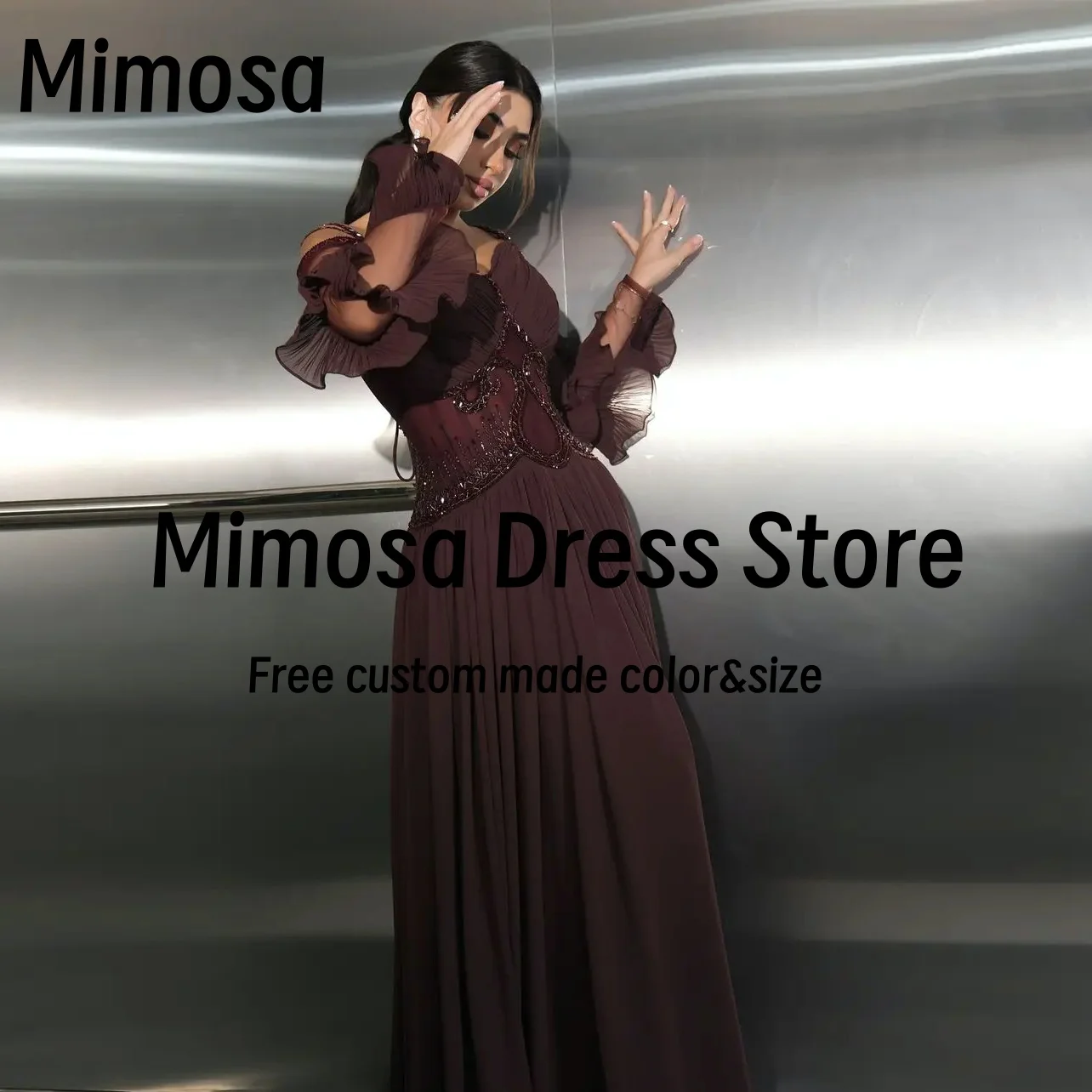 Mimosa Оборки с длинными рукавами Пром платья с открытыми плечами и бисером Robe De Soirée Femmes Шифоновые вечерние платья с рюшами по индивидуальному заказу