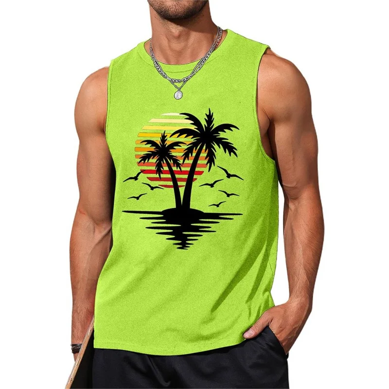 Фото Sunset Palm Trees Pattern Men's Vest Street Casual Daily Trend 3d Printed Sleeveless T-shirt Summer Fashion Loose Beach Trave №2