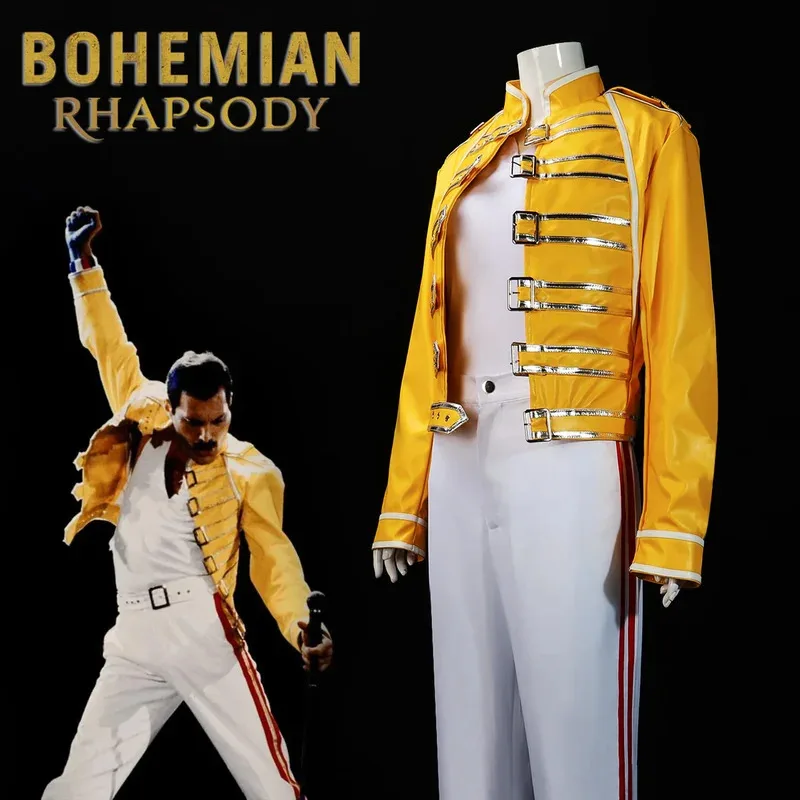 Костюм для косплея Queen Lead Vocals Freddie Mercury для взрослых, мужчин и женщин, желтая куртка, пальто на Хэллоуин, карнавал