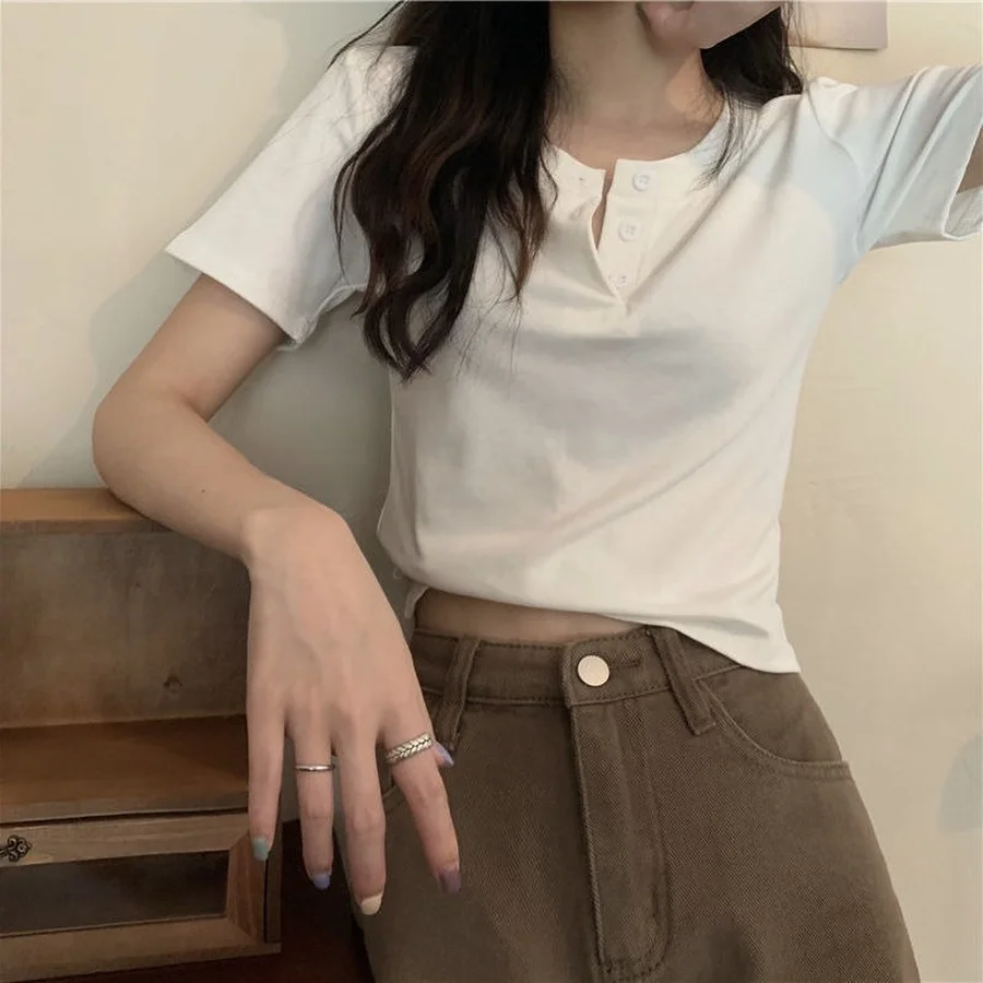 Фото Женская футболка Terbuka Atasan Potong Pendek Baju Wanita 2022, плотная футболка №5