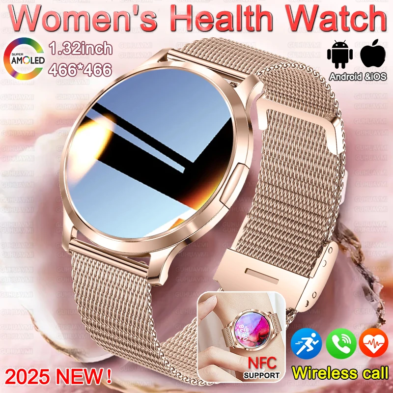 Новые женские умные часы 1,32 дюйма AMOLED с полным сенсорным экраном, Bluetooth-вызов, кровяное давление, IP68, водонепроницаемый NFC, 7,3 мм, ультратонкий браслет