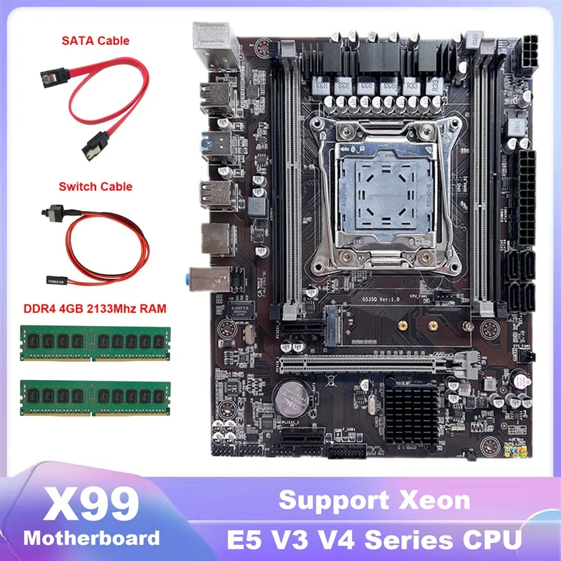 Материнская плата X99, системная плата компьютера + 2X DDR4 4 Гб 2133 МГц ОЗУ + кабель SATA + кабель коммутатора