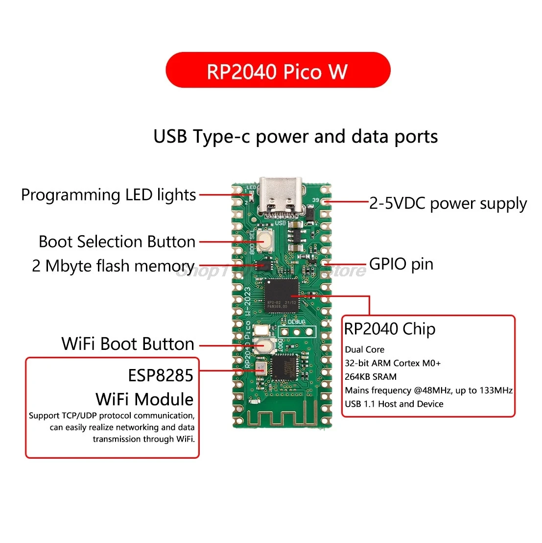 Фото Официальная материнская плата Raspberry Pi Pico W, двухъядерный процессор RP2040, КБ, микрокомпьютеры низкой мощности ARM, высокая производительность №2