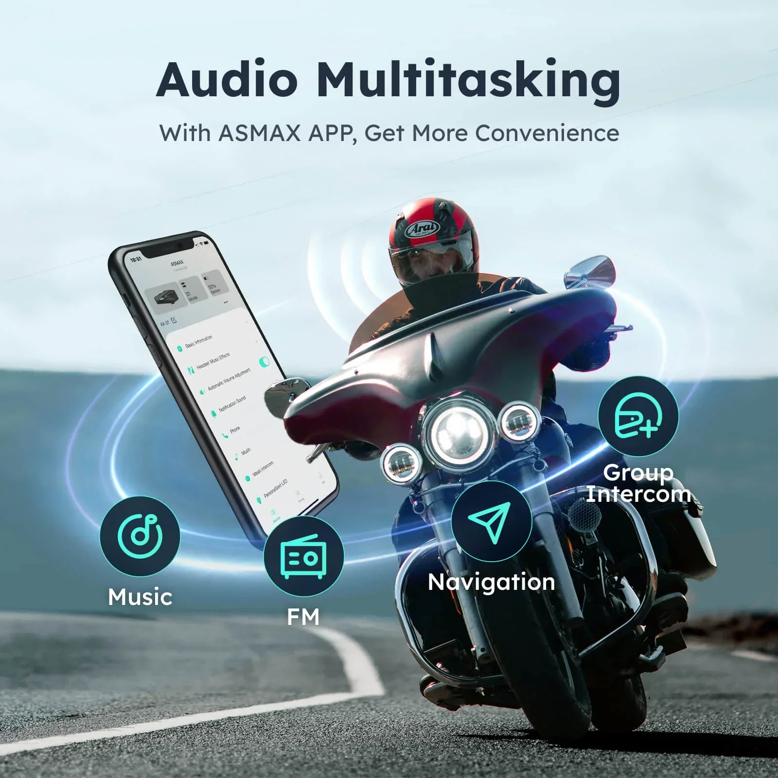 Фото ASMAX S1 Шлем Bluetooth-гарнитура Голосовое управление Мотоциклетные системы связи 8 гонщиков Шлем Домофон с FM-радио ENC/IPX7 №3
