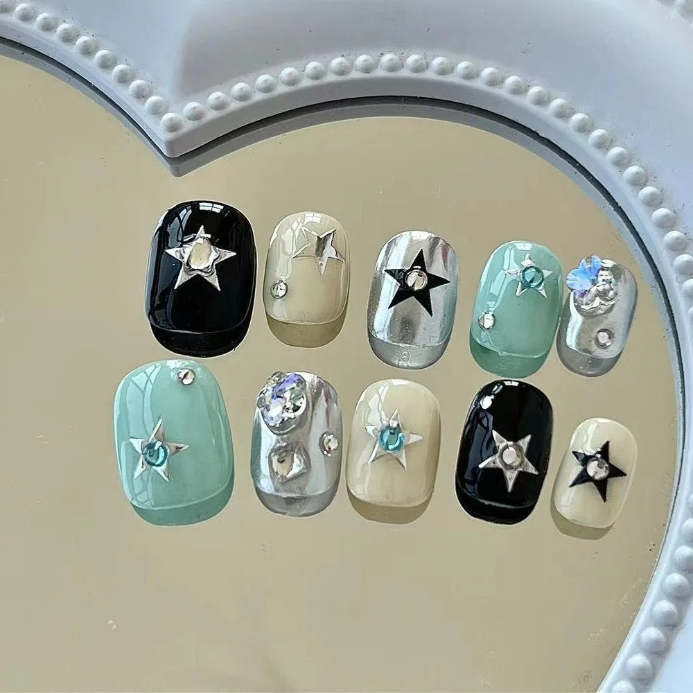 10 шт. Y2k Press on Nails, блестящие короткие квадратные накладные ногти ручной работы, дизайн Starlight, накладные ногти, с возможностью передачи данных