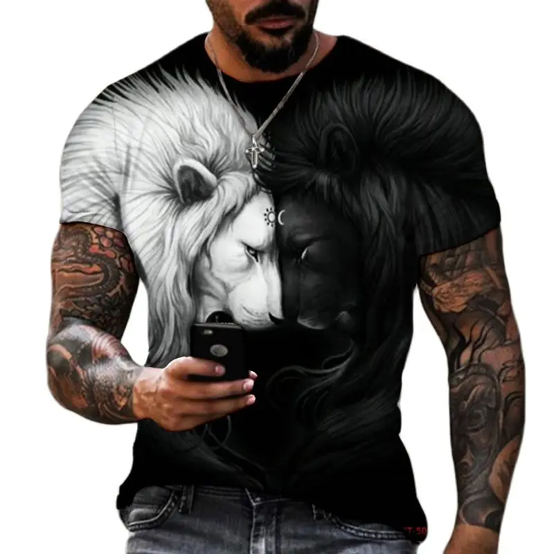 Kaus 3D Lion Fighting Binatang Buas Singa Ganas Serigala Musim Panas Bar Pria Ukuran Lengan Pendek Hitam dan Putih