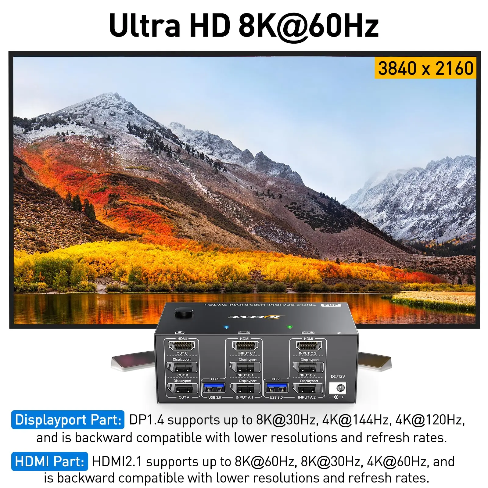 Фото KVM-переключатель с тремя мониторами, 2 порта дисплея + HDMI USB 3,0 KVM-переключатель 8K @ 60Hz,4K @ 144Hz, подходит для 3 мониторов, 2 компьютера KVM-переключателя №5