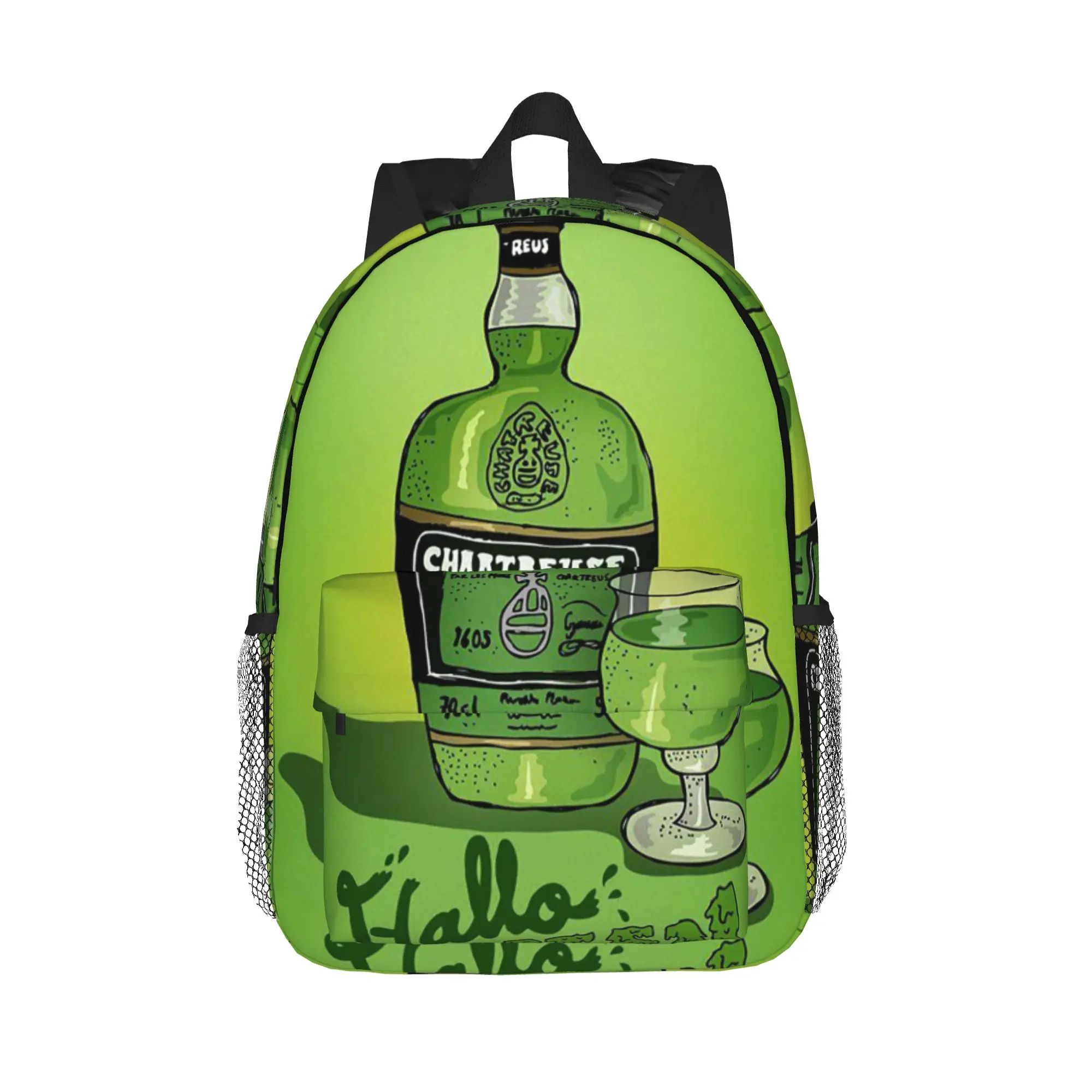 Рюкзак с принтом «Зеленая бутылка Chartreuse» (масляная живопись), хит продаж, повседневный рюкзак для мальчиков и девочек, школьный ранец, сумка через плечо для мужчин и женщин