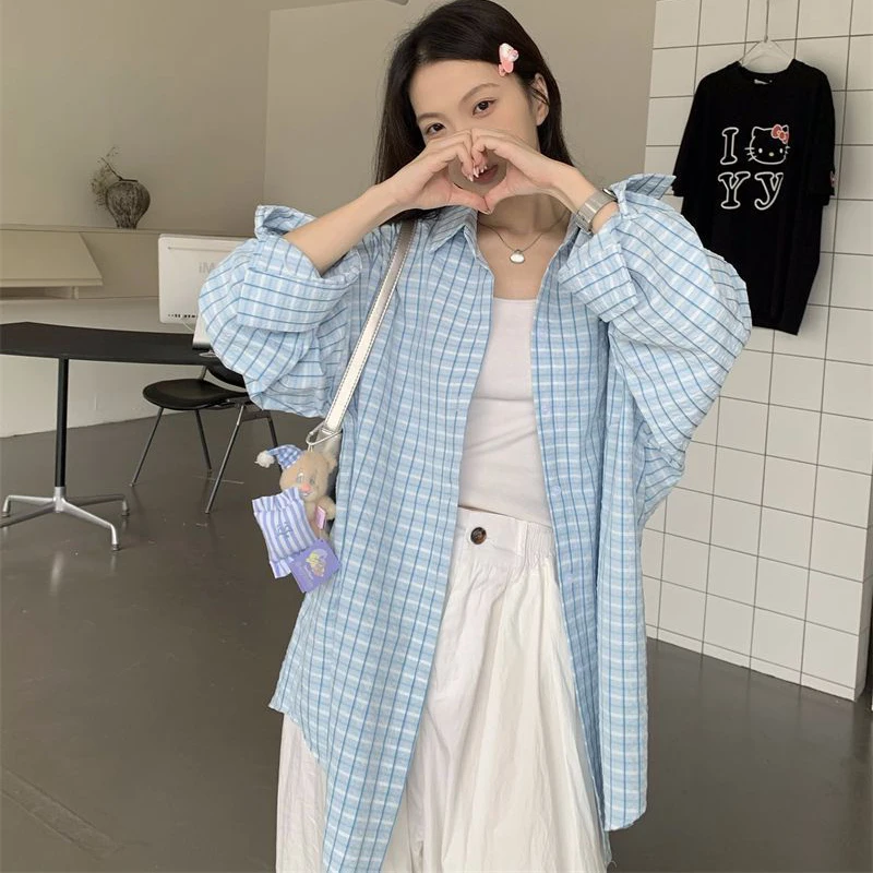 Фото Harajuku свободная клетчатая рубашка женская весна лето негабаритная блузка с отложным воротником женская корейская шикарная рубашка с длинным рукавом женские №3
